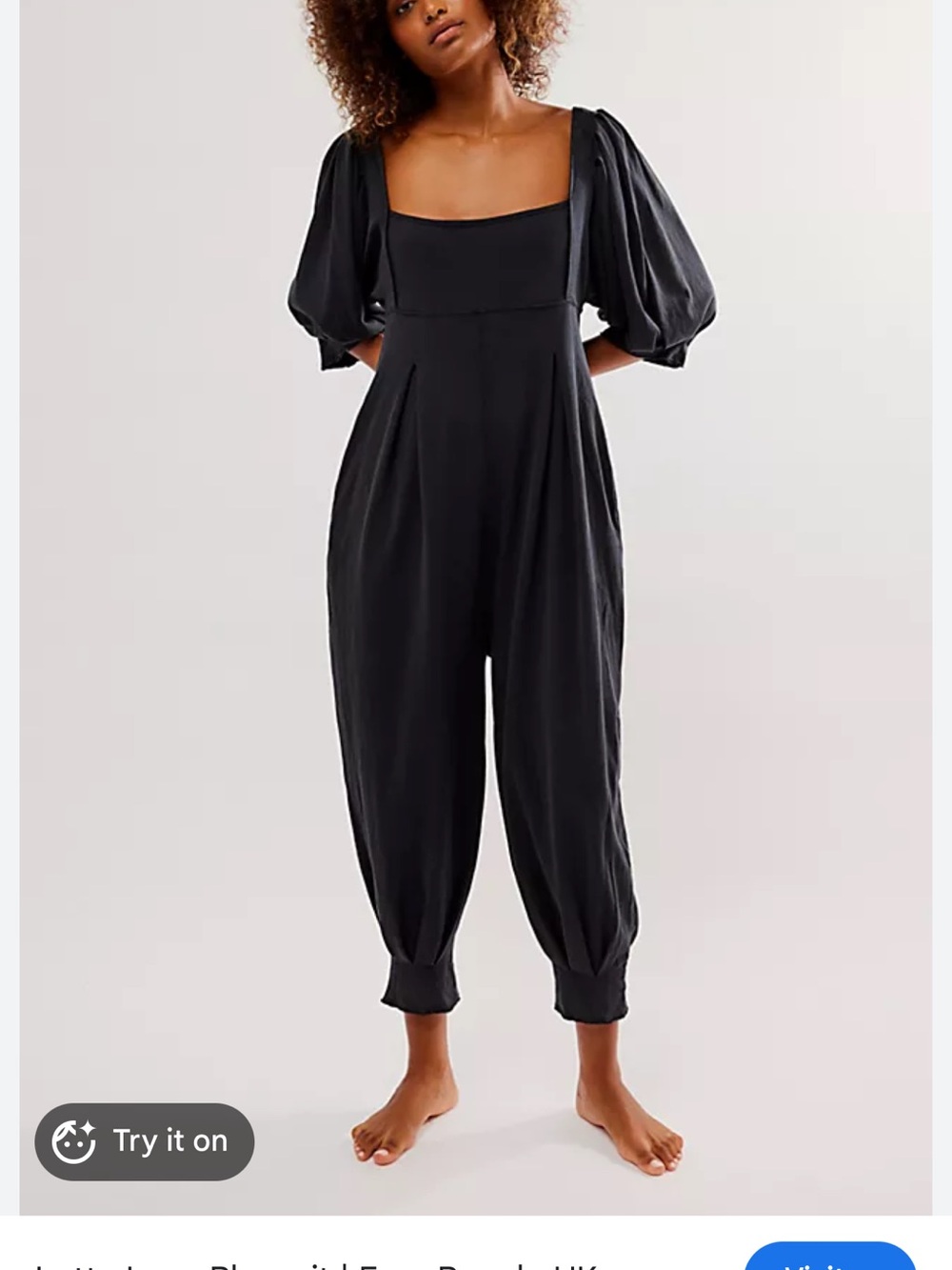 Free People Black Square-Neck Puff Sleeve Jumpsuit